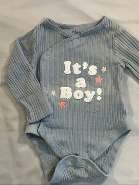 Marks & Spencer Light Blue Ribbed Baby Bodysuit with 'It's a Boy!' Applique